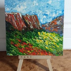 Original oil painting Mountains. Summer landscape. handmade wall art 6 x 6