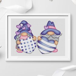 Gnomes cross stitch patterns pdf, valentine's day gnomes, love cross stitch, gnomes with hearts, counted cross stitch