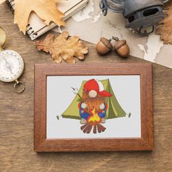 Camping gnome, Counted cross stitch, Cross stitch pattern, Camping cross stitch, Gnome cross stitch