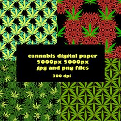 Cannabis leaves digital paper seamless pattern set