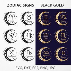 Bundle of Zodiac signs in the Moon in black and gold in EPS, SVG, DXF, PNG, JPG, Zodiac, Horoscope symbols, Astrology