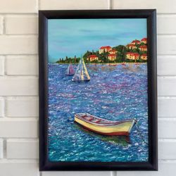 Sailboat Painting Original Art Seascape Stretcher Canvas Colorful Ocean Painting Wall Art by Katbes