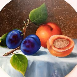 Fruit painting Original oil painting Still Life with Plums and Peach 12*12 inches canvas stretched on cardboard Wall art