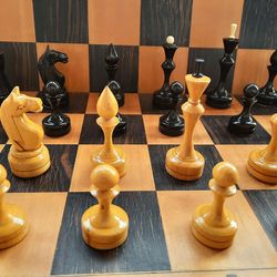 Old Russian wooden chess pieces 1960s, Soviet chessmen set vintage