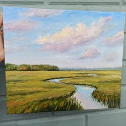 River Summer Landscape Oil Painting Field Original Art Impasto Artwork