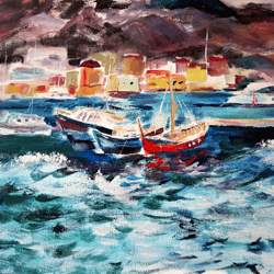 Seaside Painting Original Art Sailboat Painting Mediterranean Oil Painting Seascape Wall Art Canvas Art Seaside Town