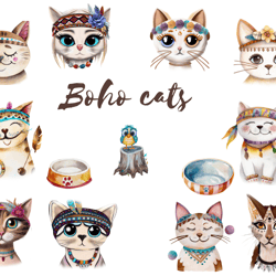 cats clipart watercolor, boho cats png, boho cute cats, digital download png