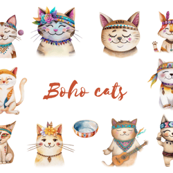 Boho Cats Clipart,watercolor cats png, cute cats, digital download png