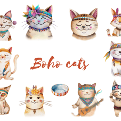 boho cats clipart,watercolor cats png, cute cats, digital download png