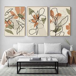 Abstract Leaf Scandi Poster Leaves Line Art Set of 3 Prints Large Art Digital Download Rust Green Wall Art Home Decor