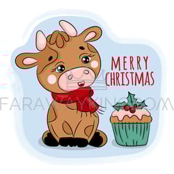 christmas bull and cake on blue background vector illustration
