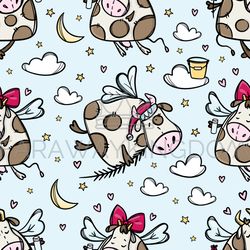 christmas bull in flight seamless pattern vector illustration