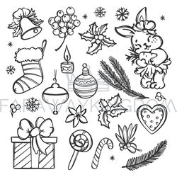 CHRISTMAS COLORING Page New Year Vector Cartoon Object Set