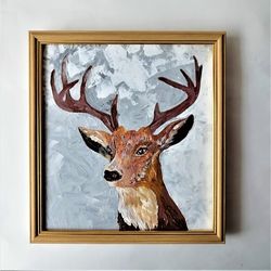 Deer Painting Acrylic Animal Framed Wall Art Impasto