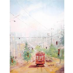 Original Oil Painting "MIDDAY TRAM" Painting on Canvas Modern City Painting Original Art by "Walperion Paintings"