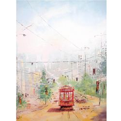 original oil painting "midday tram" painting on canvas modern city painting original art by "walperion paintings"
