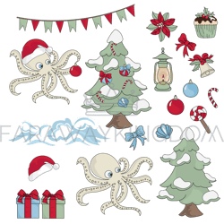 christmas octopus underwater cartoon vector illustration set