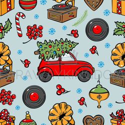 CHRISTMAS RETRO Car Delivering Tree Seamless Pattern Vector