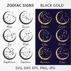 bundle of zodiac constellation in moon in black and gold in eps, svg, dxf, png, jpg, zodiac, horoscope signs, astrology