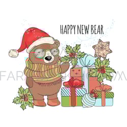 happy new bear christmas cartoon card vector illustration set