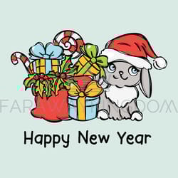 happy new year card cute rabbit in santa hat gifts vector