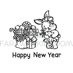 HAPPY NEW YEAR CARD LINE Monochrome Picture Cartoon Rabbit