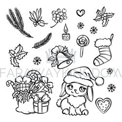 happy new year set line monochrome christmas decoration set