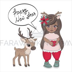 new year girl merry christmas cartoon vector illustration set