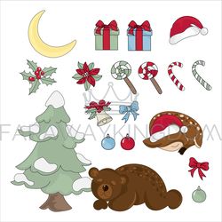 NEW YEAR PIECES Christmas Cartoon Vector Illustration Set