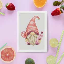 Gnome with pink gin, Cross stitch pattern, Gnome cross stitch, Cocktail cross stitch, Modern cross stitch