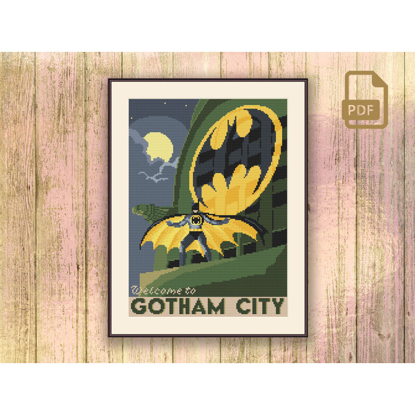 Welcome to Gotham City Cross Stitch Pattern, Gotham Cross Stitch Pattern, Batman Cross Stitch Pattern, Retro Travel Cross Stitch Pattern #tv_004