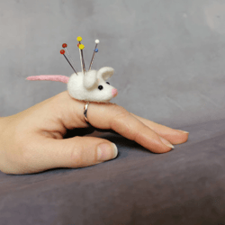 Felted pin cushion, felted mouse ring, gift