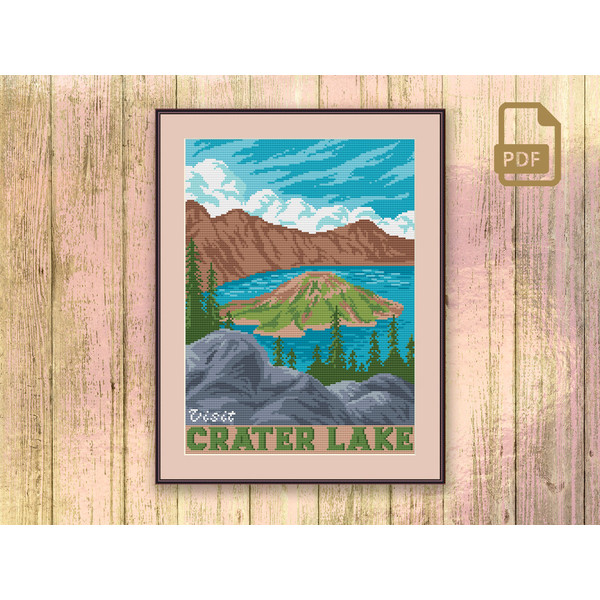 Visit Crater Lake Cross Stitch Pattern, National Park Cross Stitch Pattern, National Park Pattern, Retro Travel Cross Stitch Pattern #ntp_004