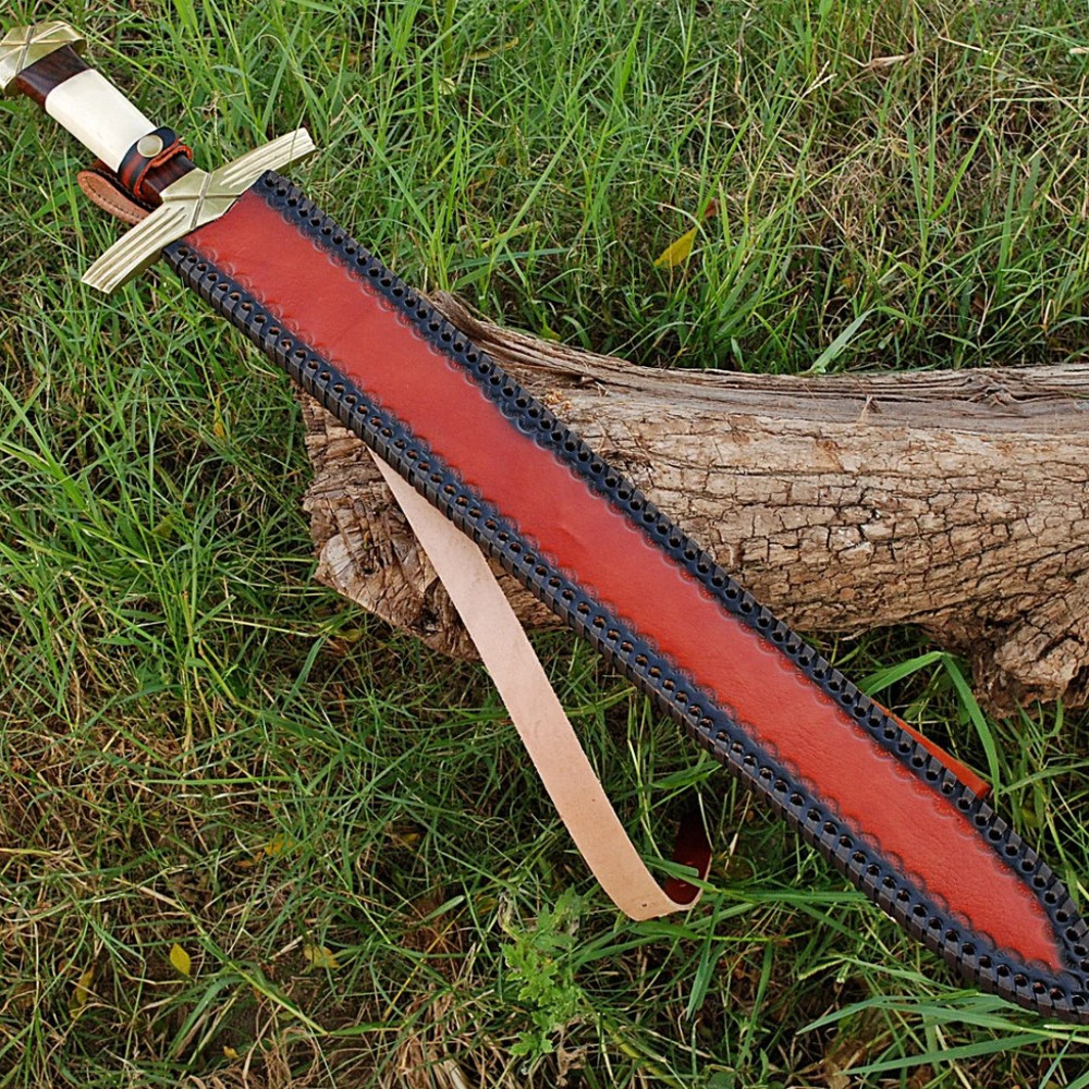 Formidable Viking Ruler Damascus Steel Sword - Pattern Welded Hand Forged Collectible Medieval Replica Sword with Leather Back Sheath.jpg