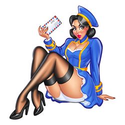 postwoman pinup girl with letter in hand sits