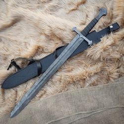 Scorched Earth Damascus Steel Sword Medieval Hand Forged Collectible Sword W Genuine Leather Back Sheath