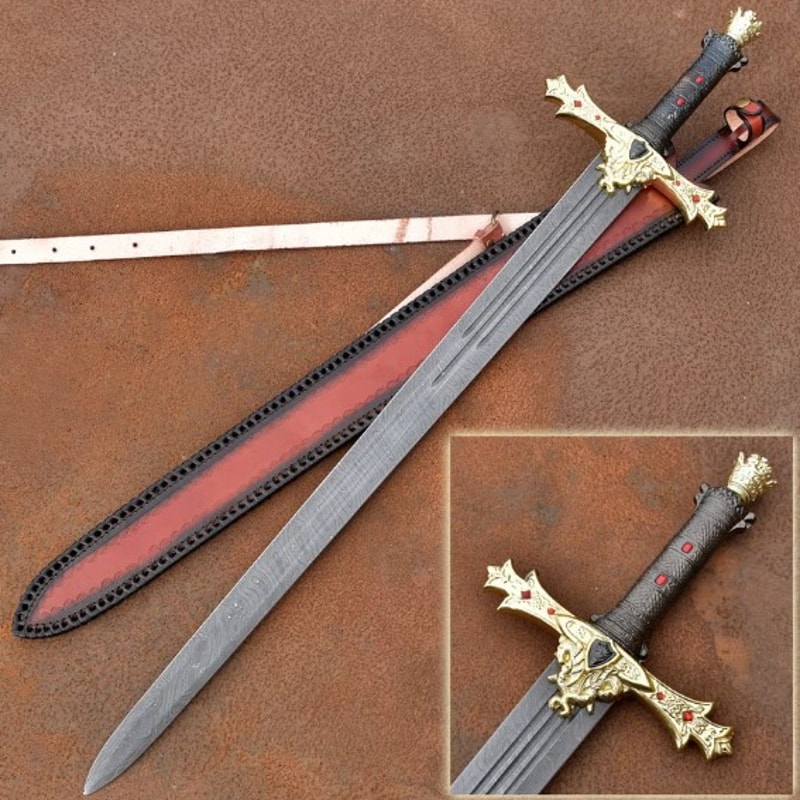 King Arthur Excalibur Damascus Steel Sword Hand Forged Ornate Medieval Decorjpg