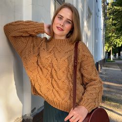 Knitted sweater heart women's oversized beige color in stock