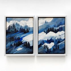 Winter Painting Original Art Snow Landscape Spruce Forest Art Christmas Diptych Oil Painting 2 set Wall Art by AlyonArt
