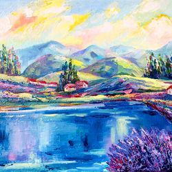 original painting landscape lavender lake mountains morning