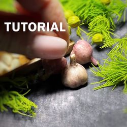 polymer clay garlic. tutorial miniature. miniature vegetable. clay pattern. diy clay patttern. mini foods. mini garden.