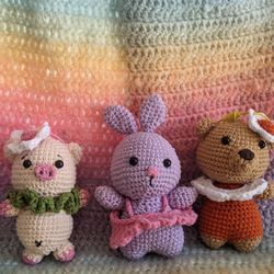 combo 3 KNITTED toys baby bear, pig, rabbit cute toys,cute doll, woodland animals knitted toys,Crochet Bagcharm,Cro