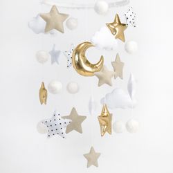 Gold Stars Baby Mobile Beige Nursery decor Gender Neutral Baby Mobile Clouds Nursery Mobile Stars and Clouds Baby Room