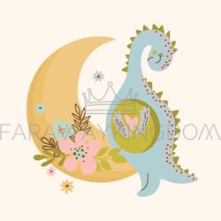 c moon dino cartoon hand drawn vector illustration print