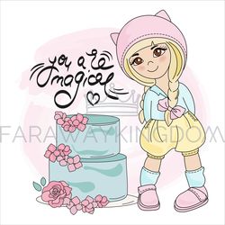 CAKE GIRL Cartoon Children Birthday Vector Illustration Set