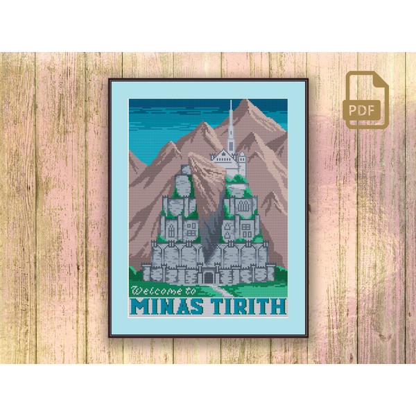 Welcome to Minas Tirith Cross Stitch Pattern, Movie Cross Stitch Pattern, Lord of the Rings Cross Stitch Pattern, Retro Travel Pattern #tv_066
