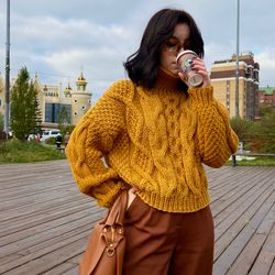 Knitted sweater women's oversized mustard color in stock