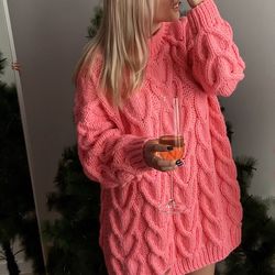 Hand knit sweater dress handmade oversized pink color in stock