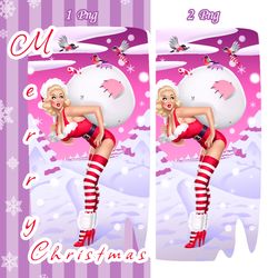 merry christmas pinup girl in red costume in stocking with gift on winter nature