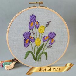 Irises and tulips pattern pdf embroidery, Easy embroidery DIY